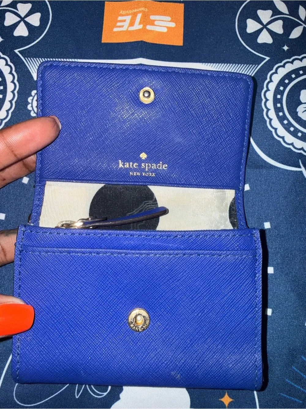 kate spade Blue Saffiano Leather Compact Wallet with Gold Logo